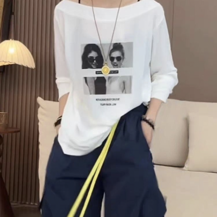 大碼露肩一字領美式慵懶風寬鬆防曬長袖罩衫T恤