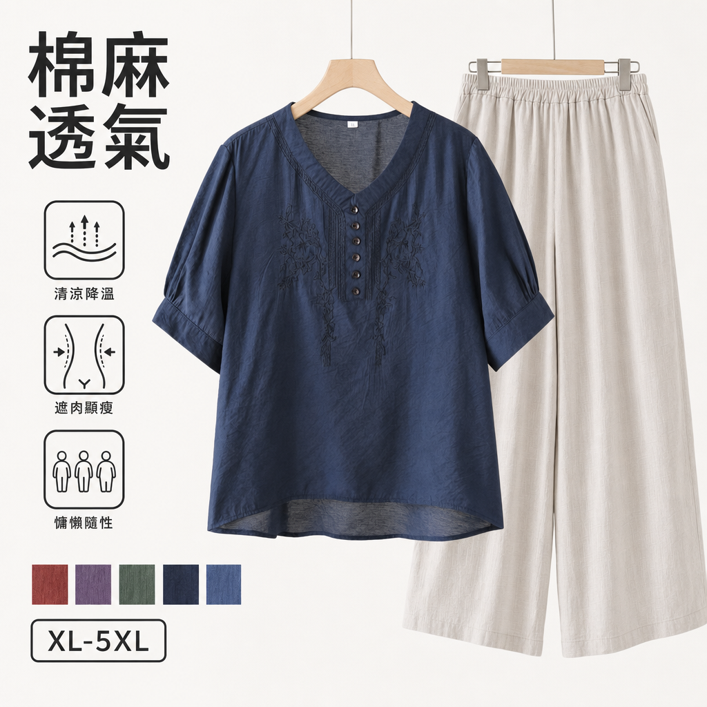 【單件/套裝】天絲麻刺繡短袖T恤+寬松百搭休閑褲兩件套