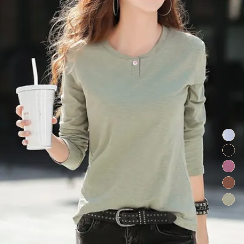5色簡約修身顯瘦紐扣圓領長袖