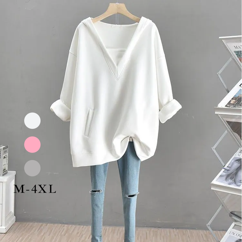 韓系中長款v領連帽拼接假兩件衛衣