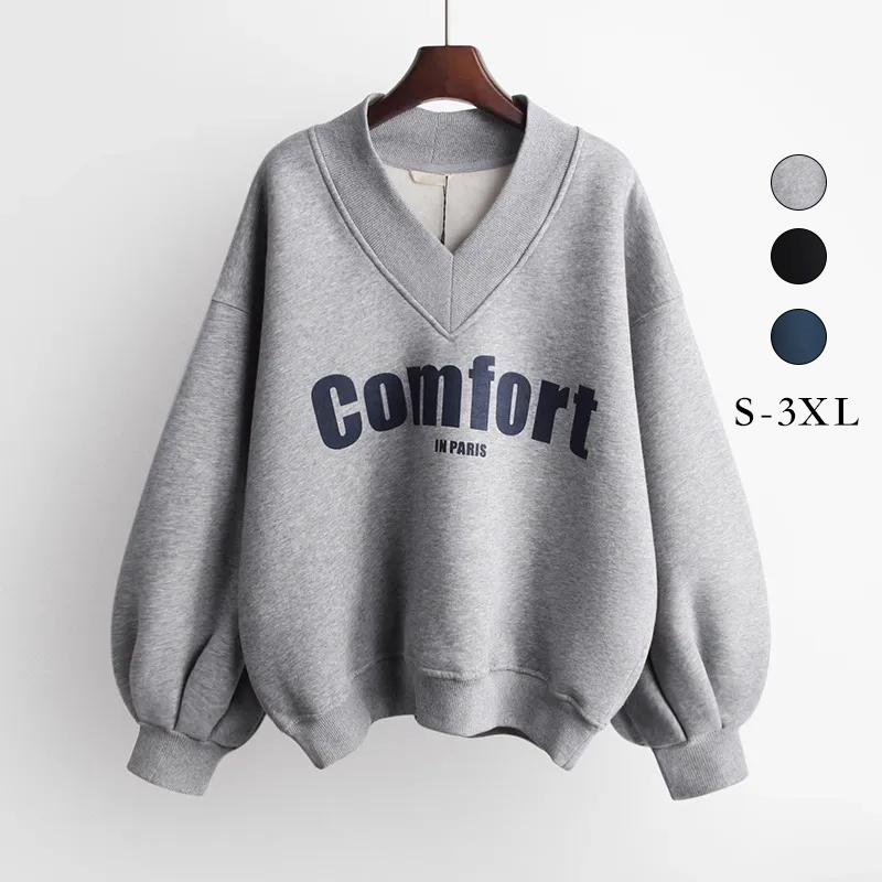 韓版休閒時尚寬鬆百搭字母印花V領衛衣