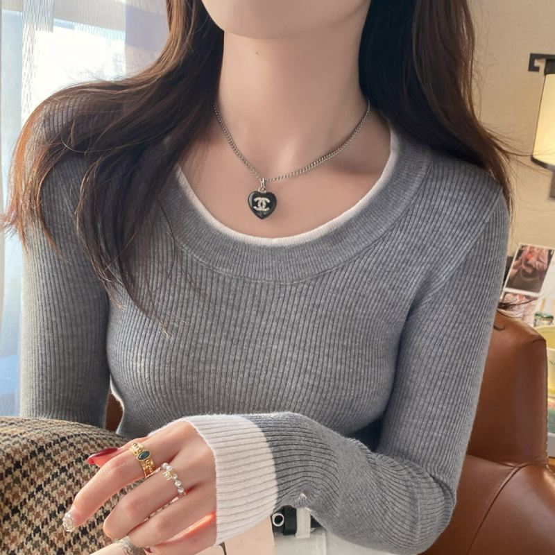 圓領撞色毛衣內搭設計感長袖針織打底衫