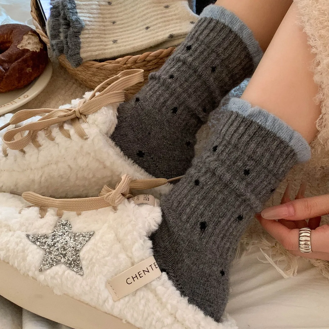 波點溫柔花邊復古可愛百搭堆堆百搭中筒棉襪