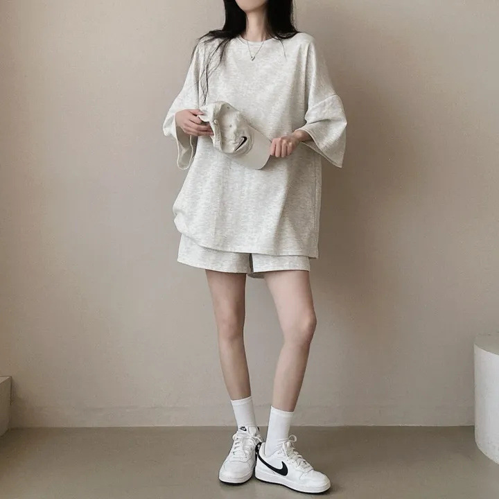 純棉韓版夏季短袖T恤中長款套裝女運動休閒短褲純色情侶兩件套