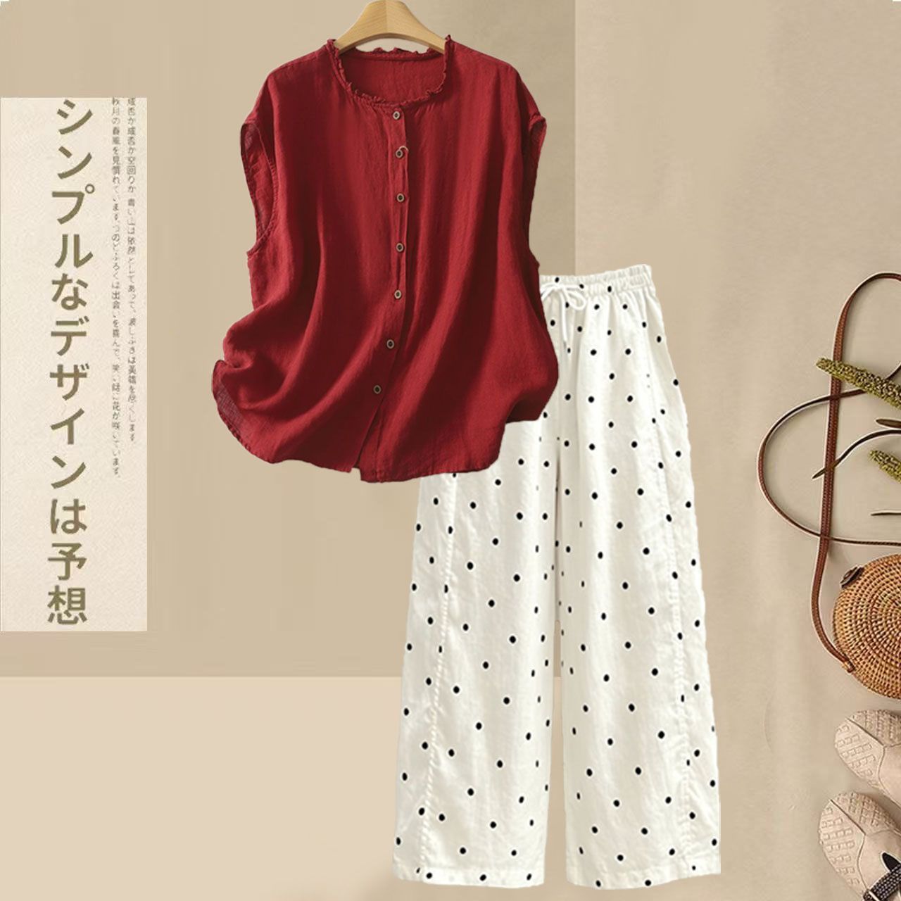 【整套】慵懶風棉麻木耳襯衫+寬松休閑波點褲兩件套