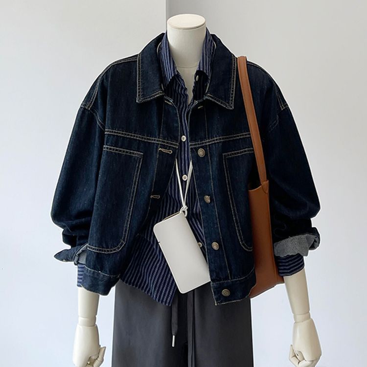 港風復古大口袋設計寬鬆顯瘦百搭牛仔外套