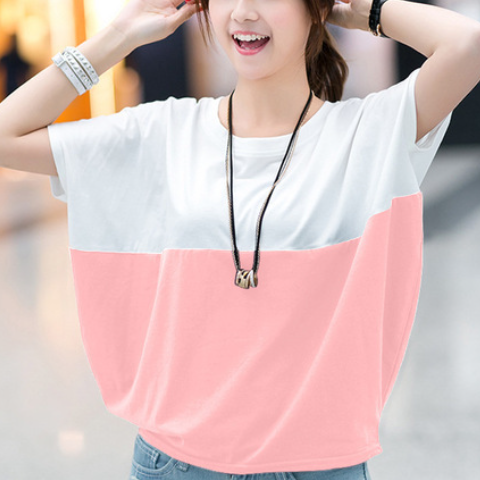 韓版撞色寬鬆休閒拼接蝙蝠衫圓領短袖