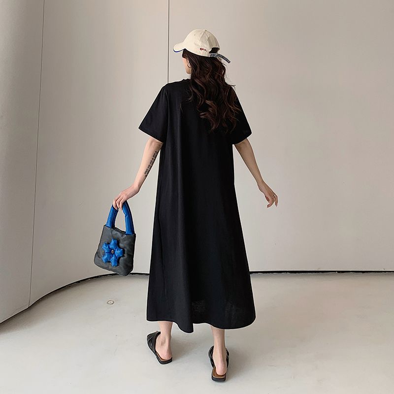 寬鬆遮肚減齡連衣裙大碼顯瘦休閒過膝T恤裙