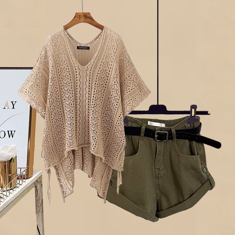 【單件/套裝】大碼防曬鏤空罩衫+復古寬鬆顯瘦牛仔短褲兩件套