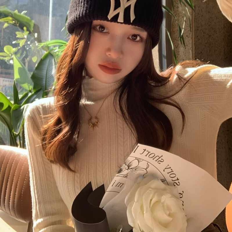 精緻木耳邊半高領修身內搭軟糯針織打底衫