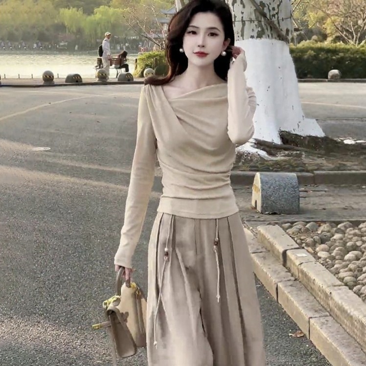 【單件/套裝】輕奢高貴氣質不規則簡約上衣+高腰闊腿褲兩件套