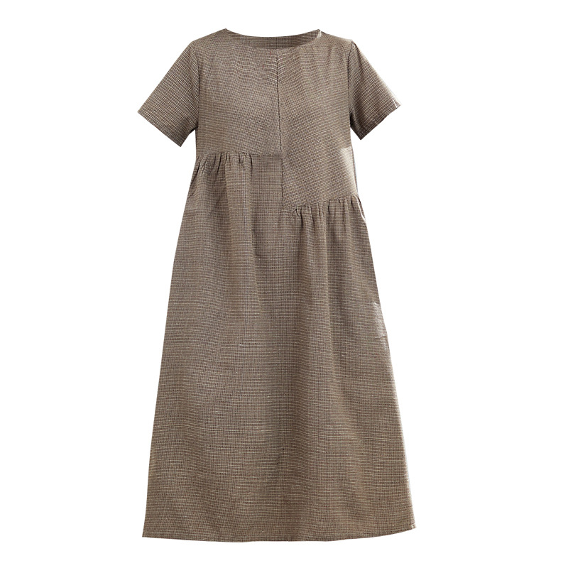 休閒文藝寬鬆遮肉格子棉麻中長款連身裙