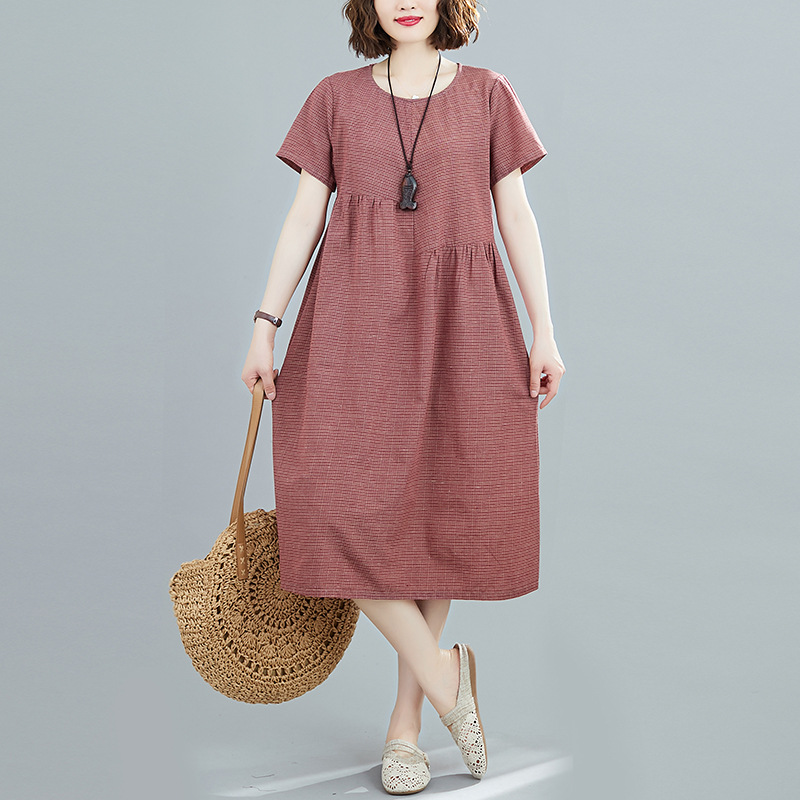 休閒文藝寬鬆遮肉格子棉麻中長款連身裙