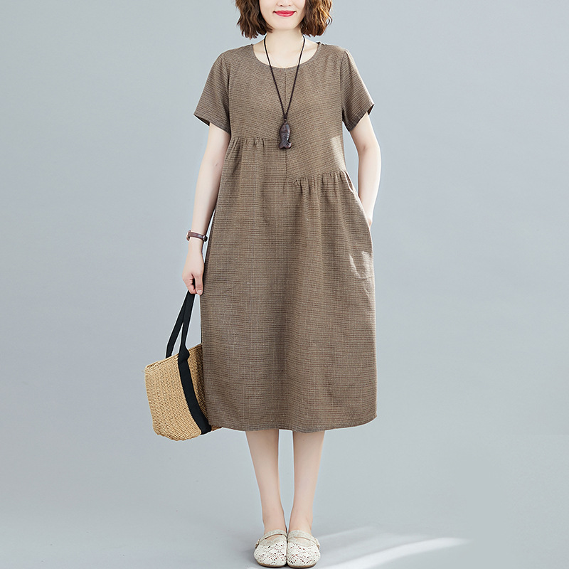 休閒文藝寬鬆遮肉格子棉麻中長款連身裙