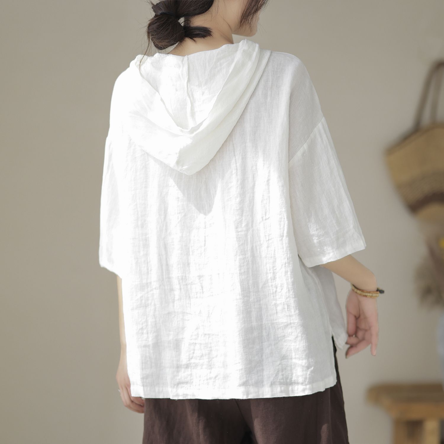 文藝簡約寬鬆顯瘦棉麻透氣連帽短袖