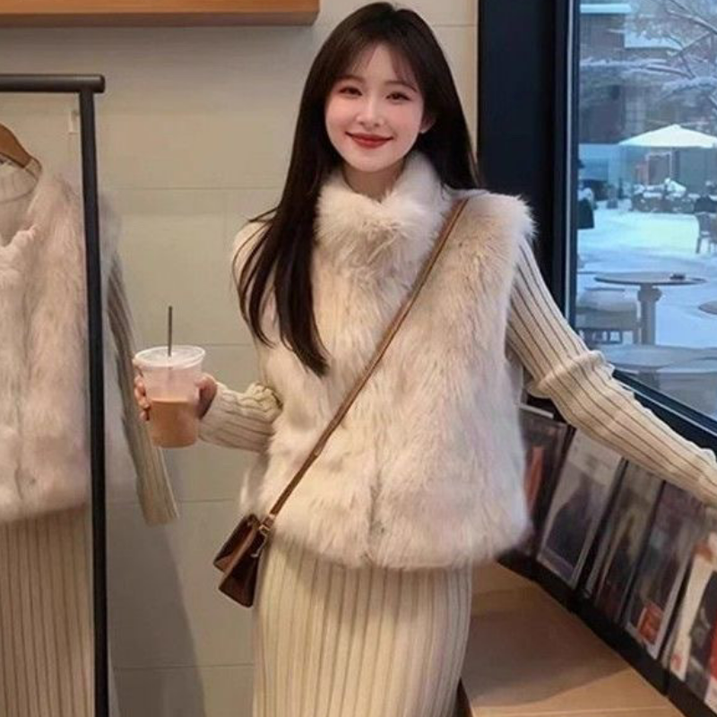 【單件/套裝】網紅韓風百搭顯瘦毛毛馬甲+杏色連衣裙兩件套裝