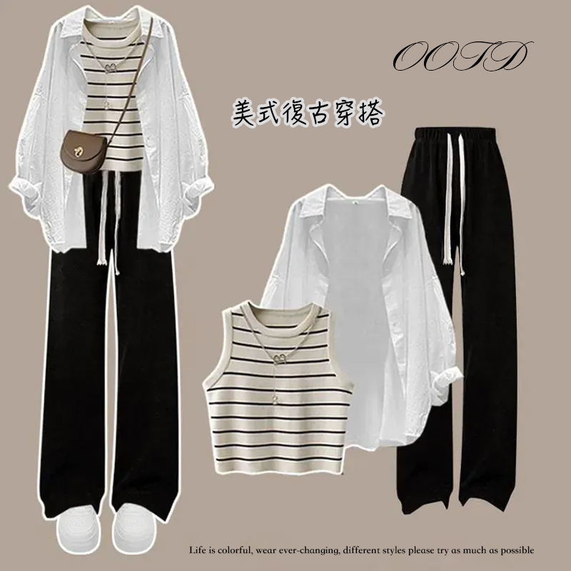 【單件/整套】時尚休閑減齡條紋背心+襯衫+顯瘦闊腿褲三件套裝