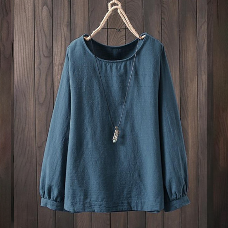 休閒大碼圓領素色寬鬆長袖襯衫