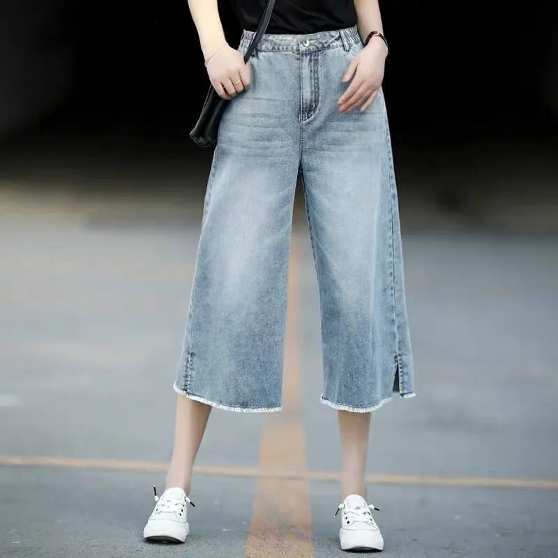 墜感七分褲女闊腿牛仔褲女夏季薄款新款高腰毛邊寬鬆直筒大碼
