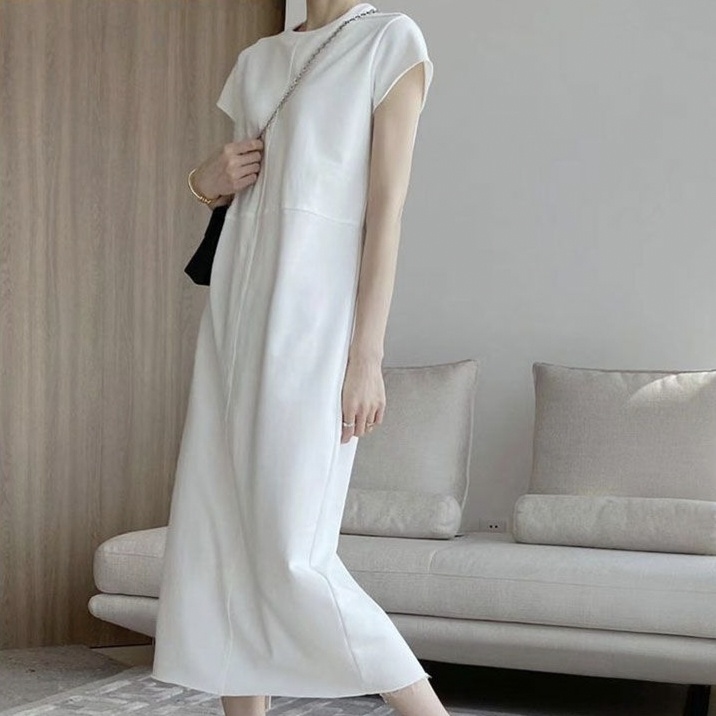 白色小眾設計感短袖t恤直筒連衣裙新款高級感長裙