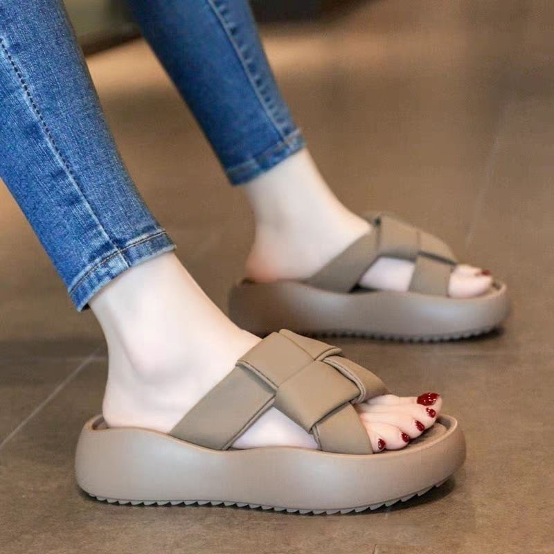 時尚外穿厚底編織平底高級感一字涼拖鞋