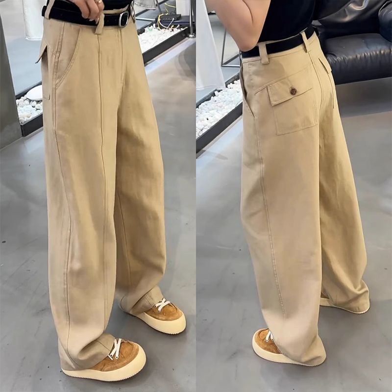 早秋新款闊腿休閒拖地寬鬆顯瘦彎刀牛仔工裝褲