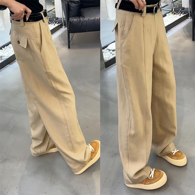 早秋新款闊腿休閒拖地寬鬆顯瘦彎刀牛仔工裝褲