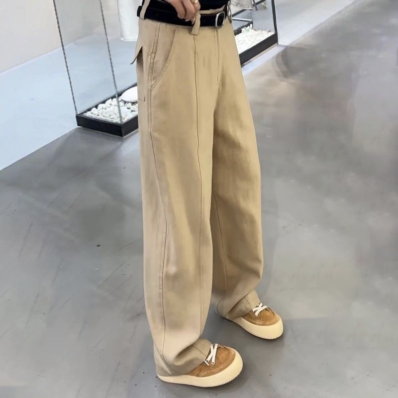 早秋新款闊腿休閒拖地寬鬆顯瘦彎刀牛仔工裝褲