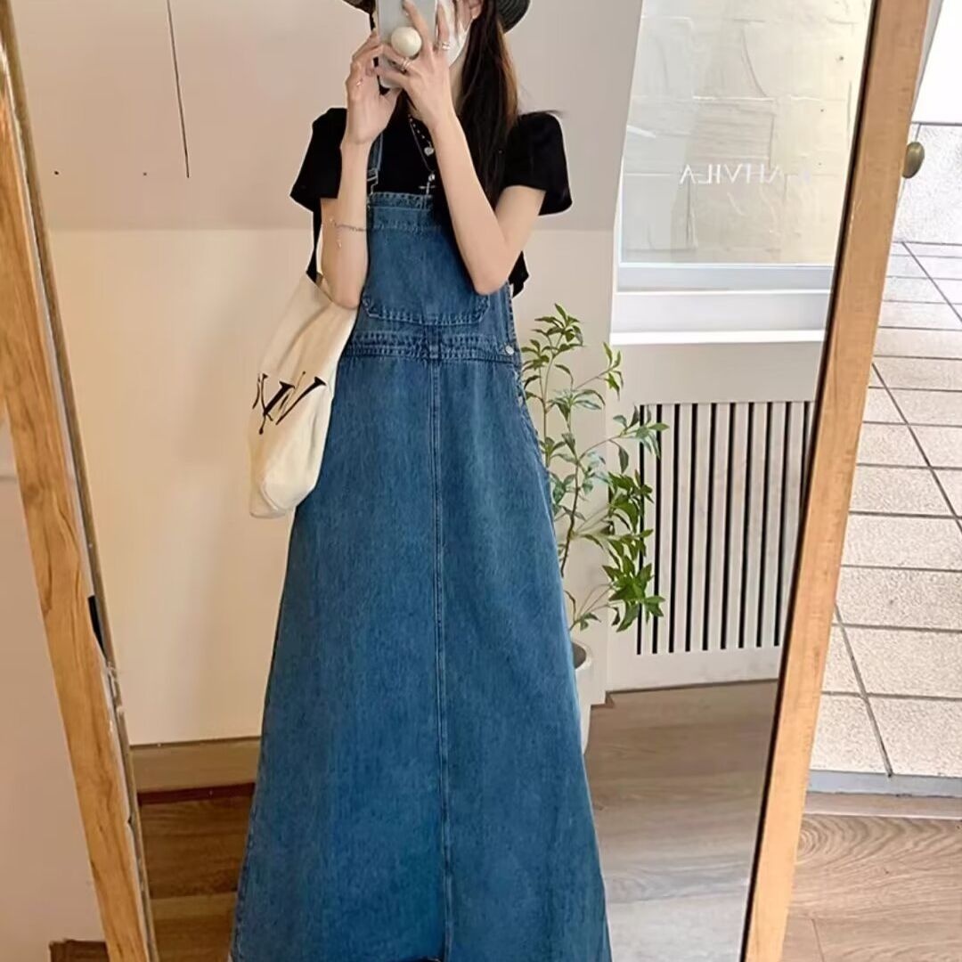 日韓復古減齡寬鬆大擺毛邊長裙牛仔背帶裙