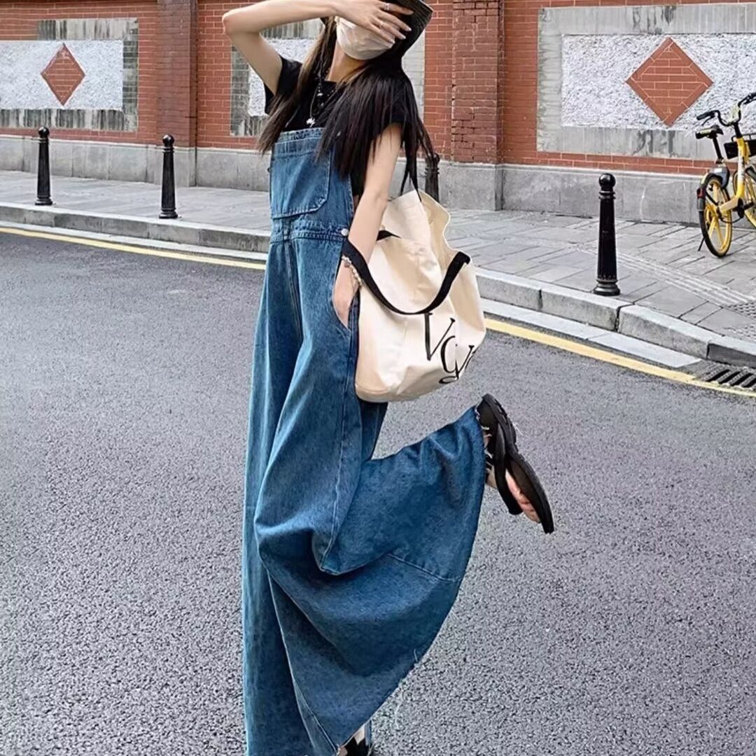 日韓復古減齡寬鬆大擺毛邊長裙牛仔背帶裙