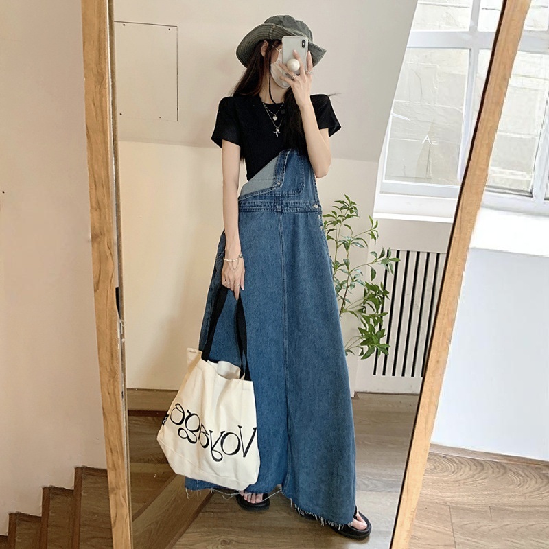 日韓復古減齡寬鬆大擺毛邊長裙牛仔背帶裙