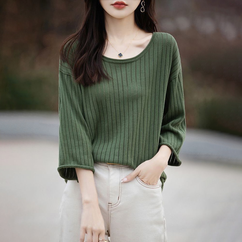 純棉袖捲邊圓領鏤空七分袖寬鬆打底T恤