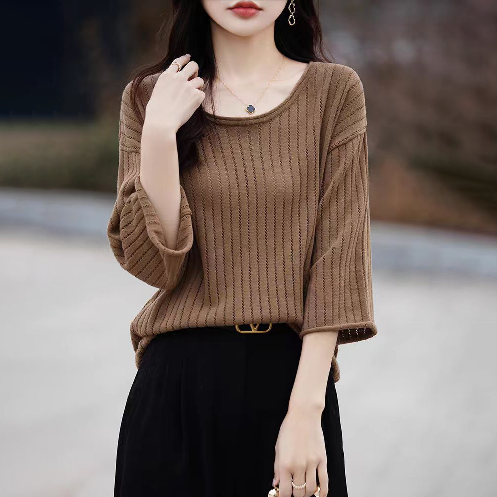 純棉袖捲邊圓領鏤空七分袖寬鬆打底T恤