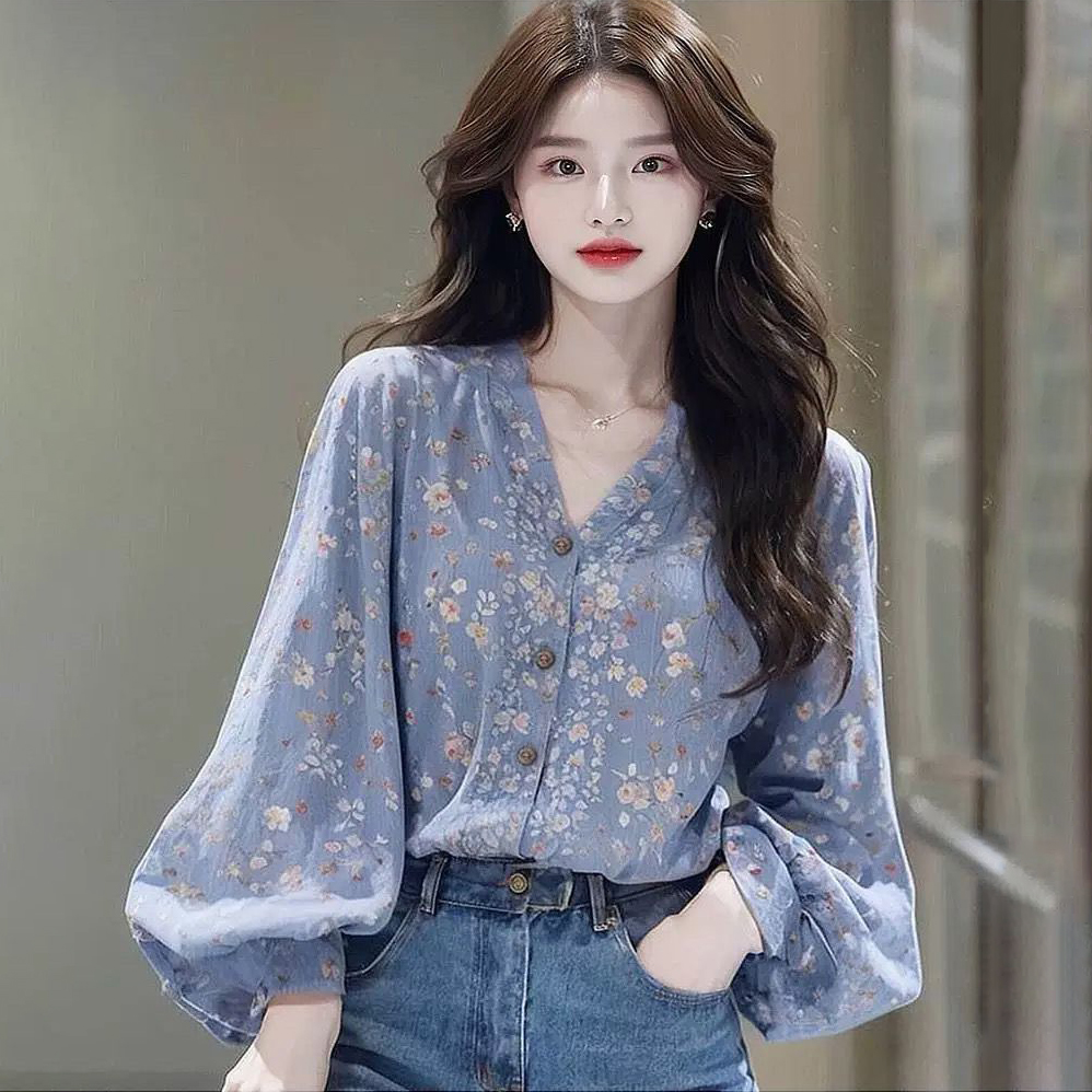 法式絕美獨特淑女氣質森系藍色碎花長袖襯衫