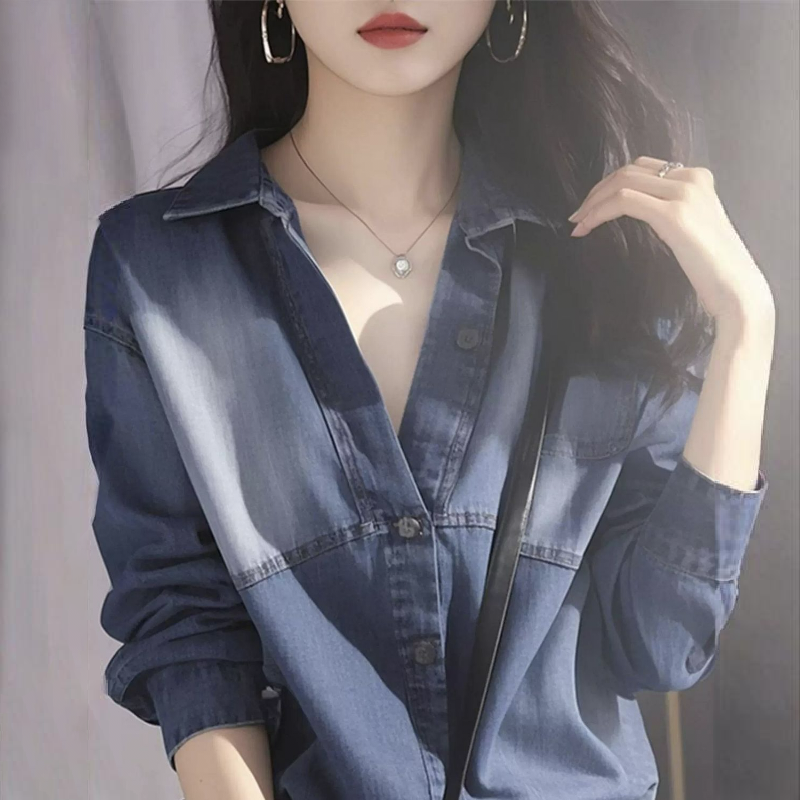 寬松顯瘦防曬獨特別緻高級感長袖藍色牛仔襯衫