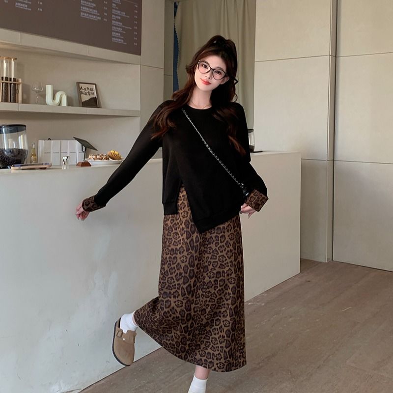 【單件/套裝】大碼時尚不規則長袖衛衣+藏肉顯瘦碎花半身裙兩件套裝