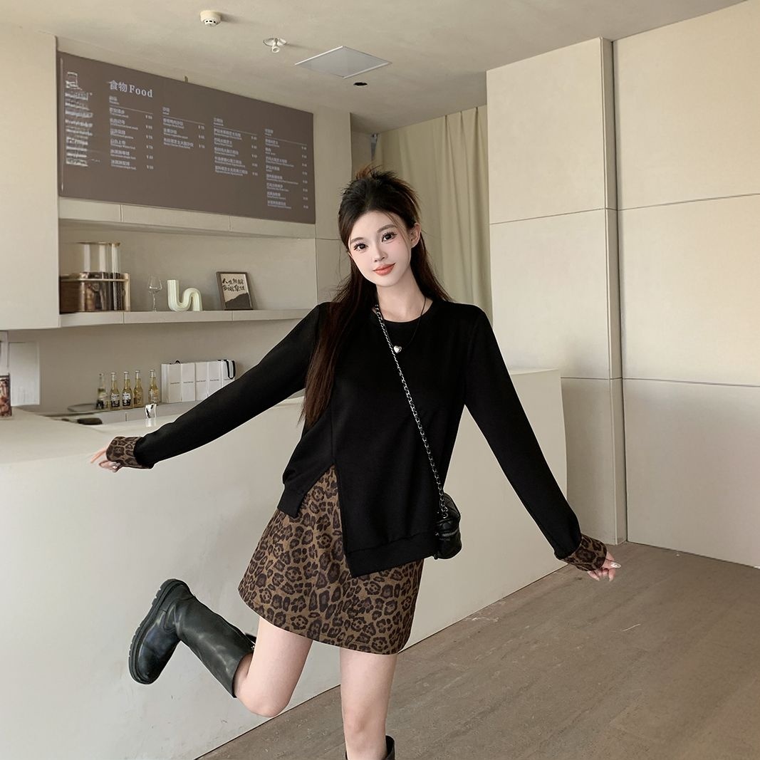 【單件/套裝】大碼時尚不規則長袖衛衣+藏肉顯瘦碎花半身裙兩件套裝