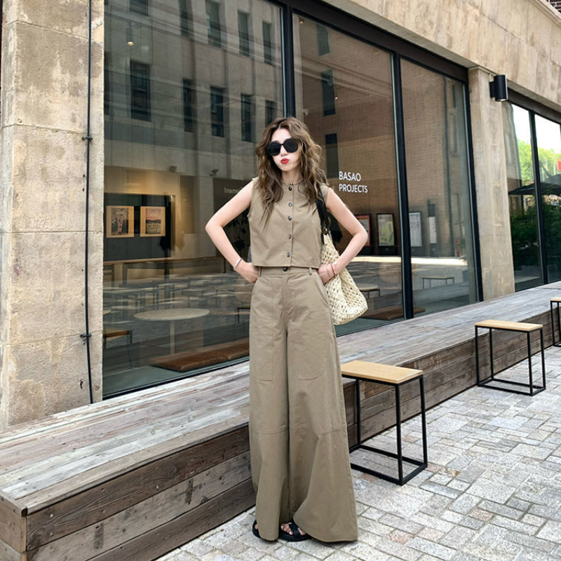 【單件/套裝】極簡設計兩穿無袖背心+寬鬆休閑闊腿褲套裝