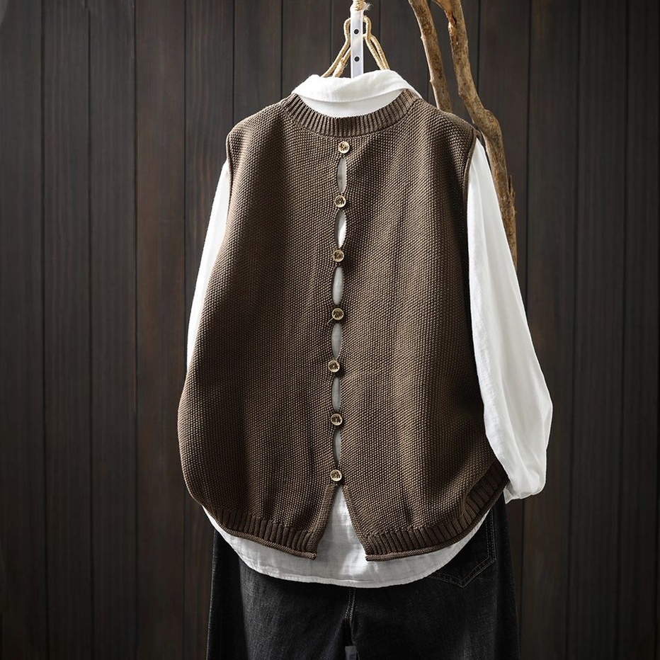 【單件/套裝】後背紐扣棉線針織無袖馬甲背心+寬鬆休閒百搭襯衫疊穿兩件套裝