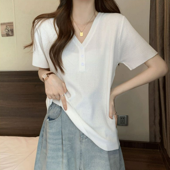 韓版正肩冰絲寬鬆顯瘦遮肚子氣質v領短袖t恤