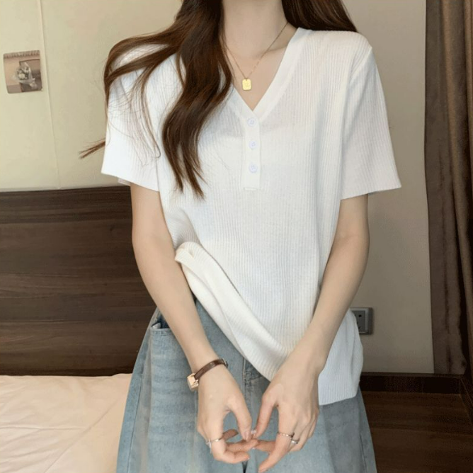 韓版正肩冰絲寬鬆顯瘦遮肚子氣質v領短袖t恤