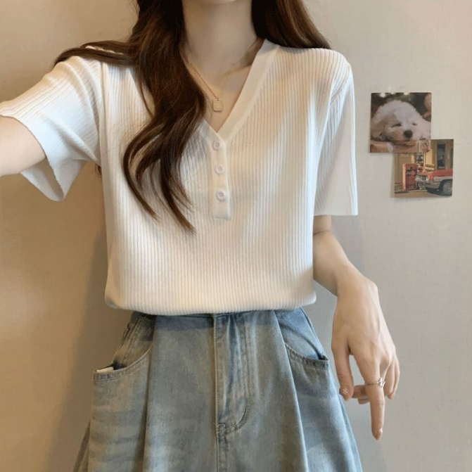 韓版正肩冰絲寬鬆顯瘦遮肚子氣質v領短袖t恤