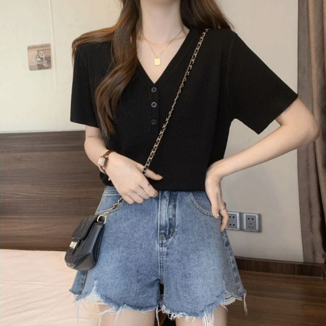 韓版正肩冰絲寬鬆顯瘦遮肚子氣質v領短袖t恤