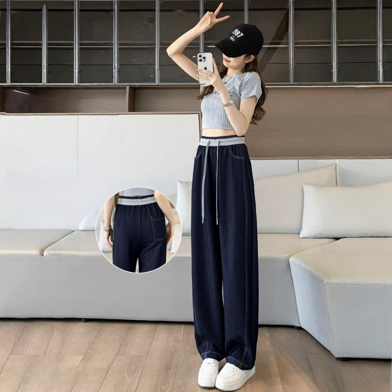 拼接牛仔直筒褲高腰寬鬆顯瘦垂感窄版休閒拖地闊腿長褲