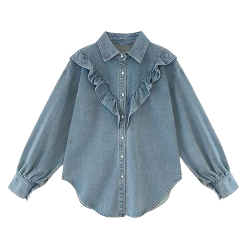 甜美荷葉邊大碼寬鬆顯瘦長袖牛仔襯衫