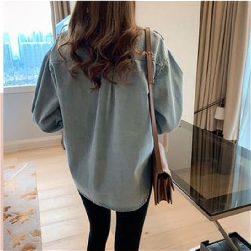 甜美荷葉邊大碼寬鬆顯瘦長袖牛仔襯衫