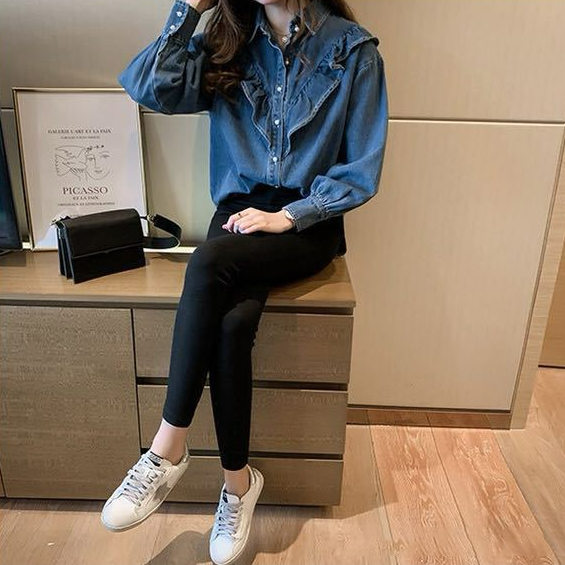 甜美荷葉邊大碼寬鬆顯瘦長袖牛仔襯衫