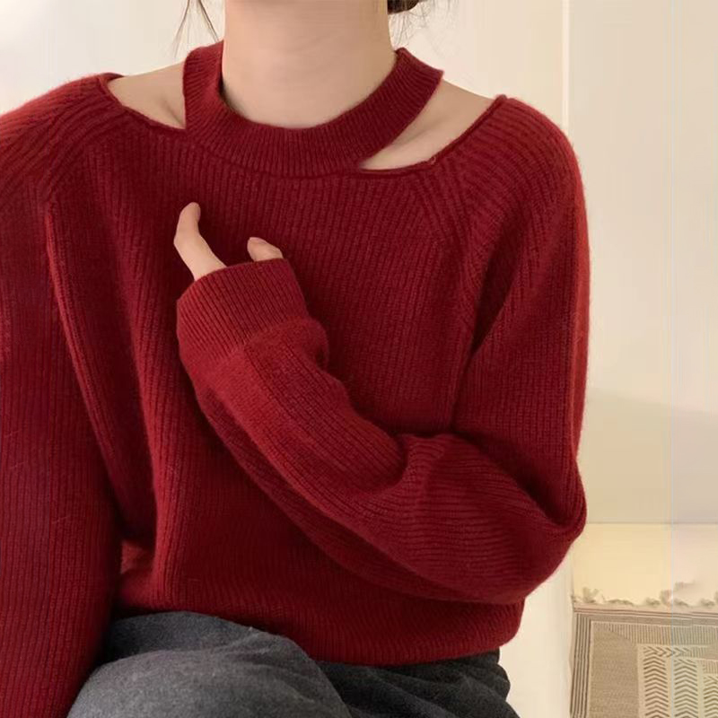 韓版露肩掛脖休閒針織衫小心機長袖毛衣