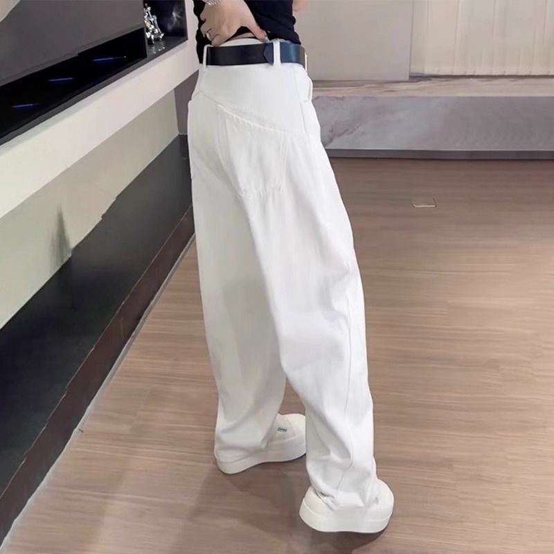 寬鬆高腰顯瘦直筒大碼復古彎刀闊腿牛仔褲