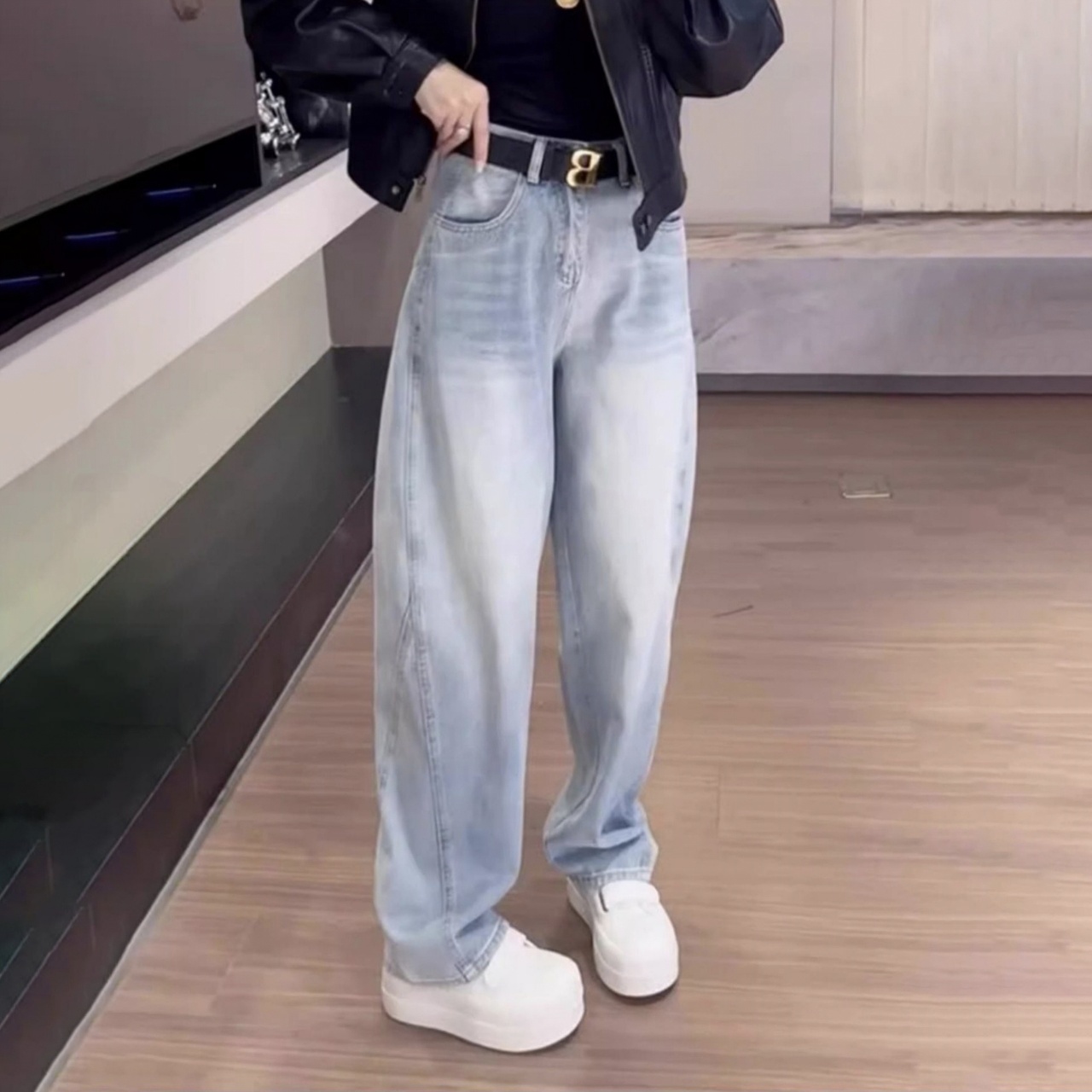 寬鬆高腰顯瘦直筒大碼復古彎刀闊腿牛仔褲